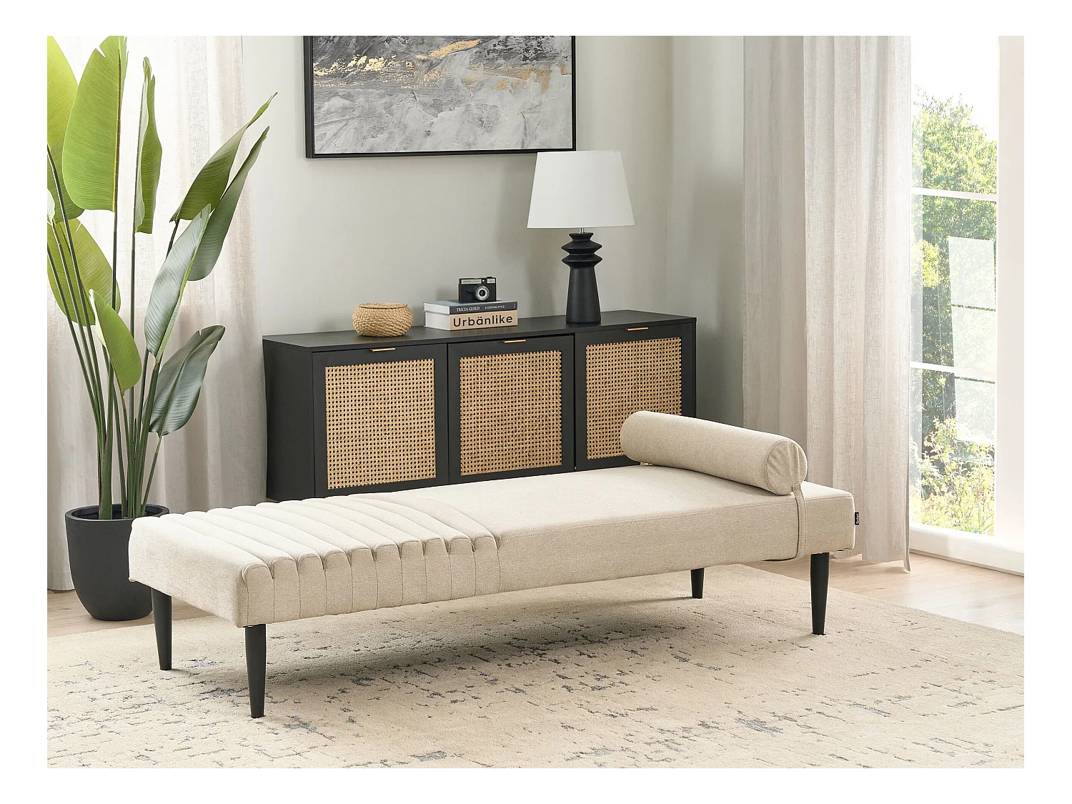 Chaiselongue Stoffbezug beige gesteppt mit Kissen Metallgestell modern Mauriac