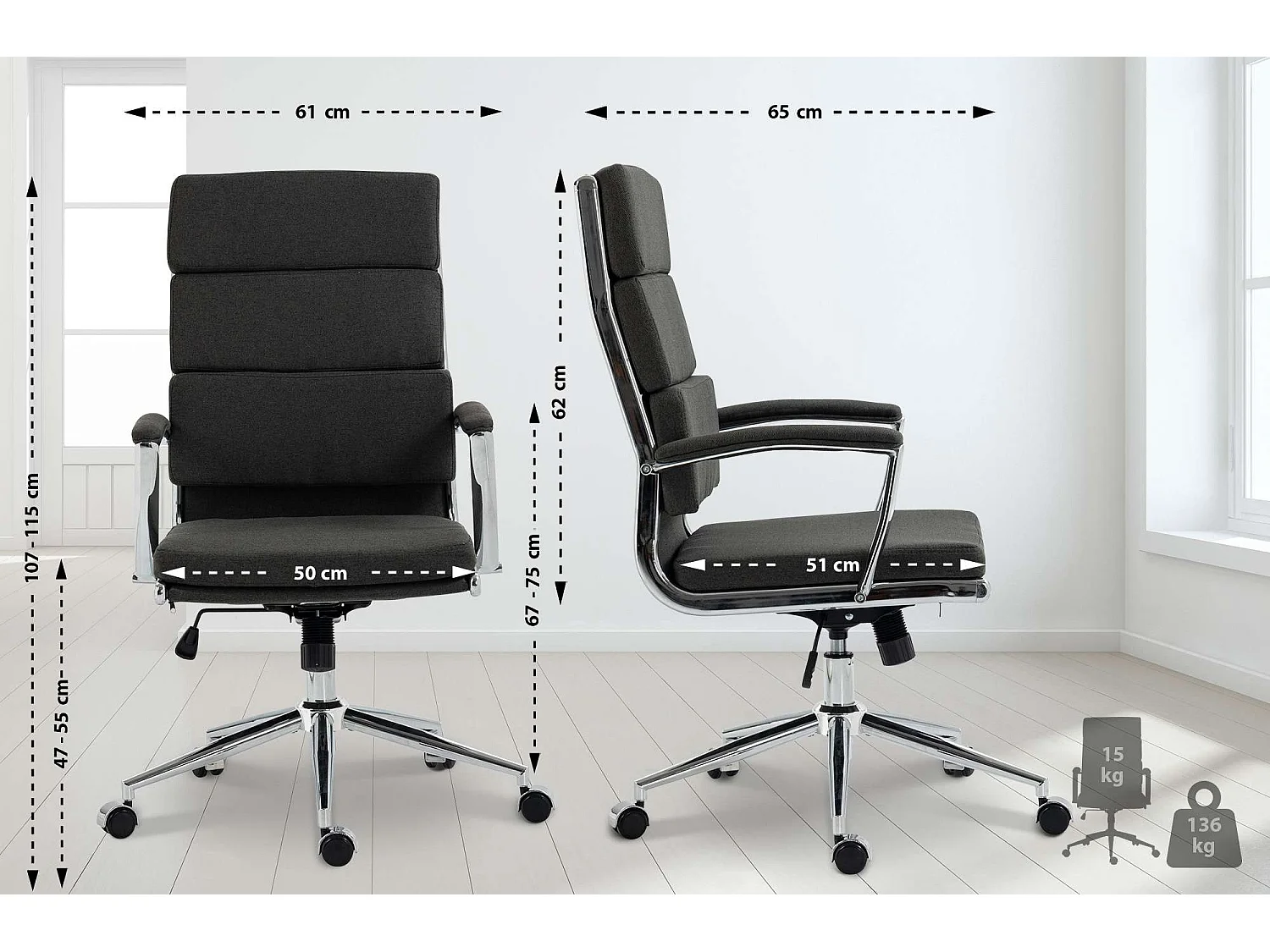 Chaise de bureau - Tissu & Métal chromé - Gris foncé - Cleveland