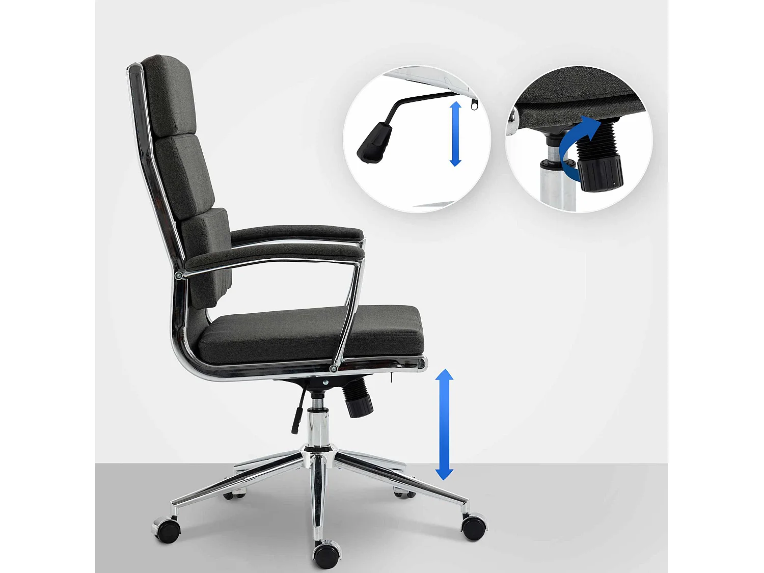 Chaise de bureau - Tissu & Métal chromé - Gris foncé - Cleveland