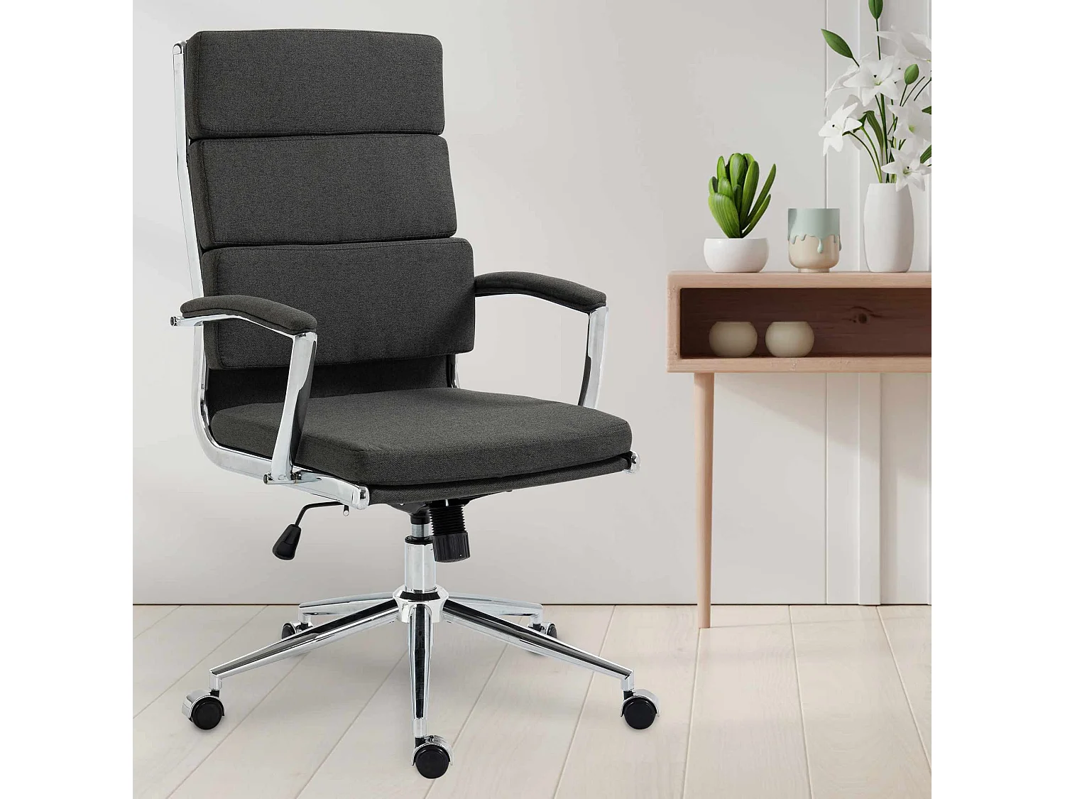 Chaise de bureau - Tissu & Métal chromé - Gris foncé - Cleveland