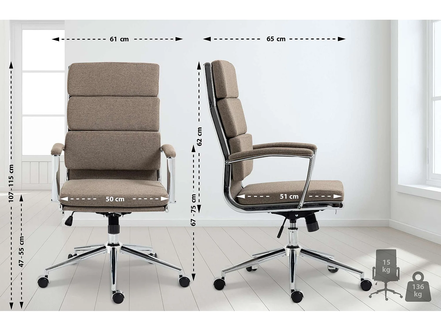 Chaise de bureau - Tissu & Métal chromé - Taupe - Cleveland