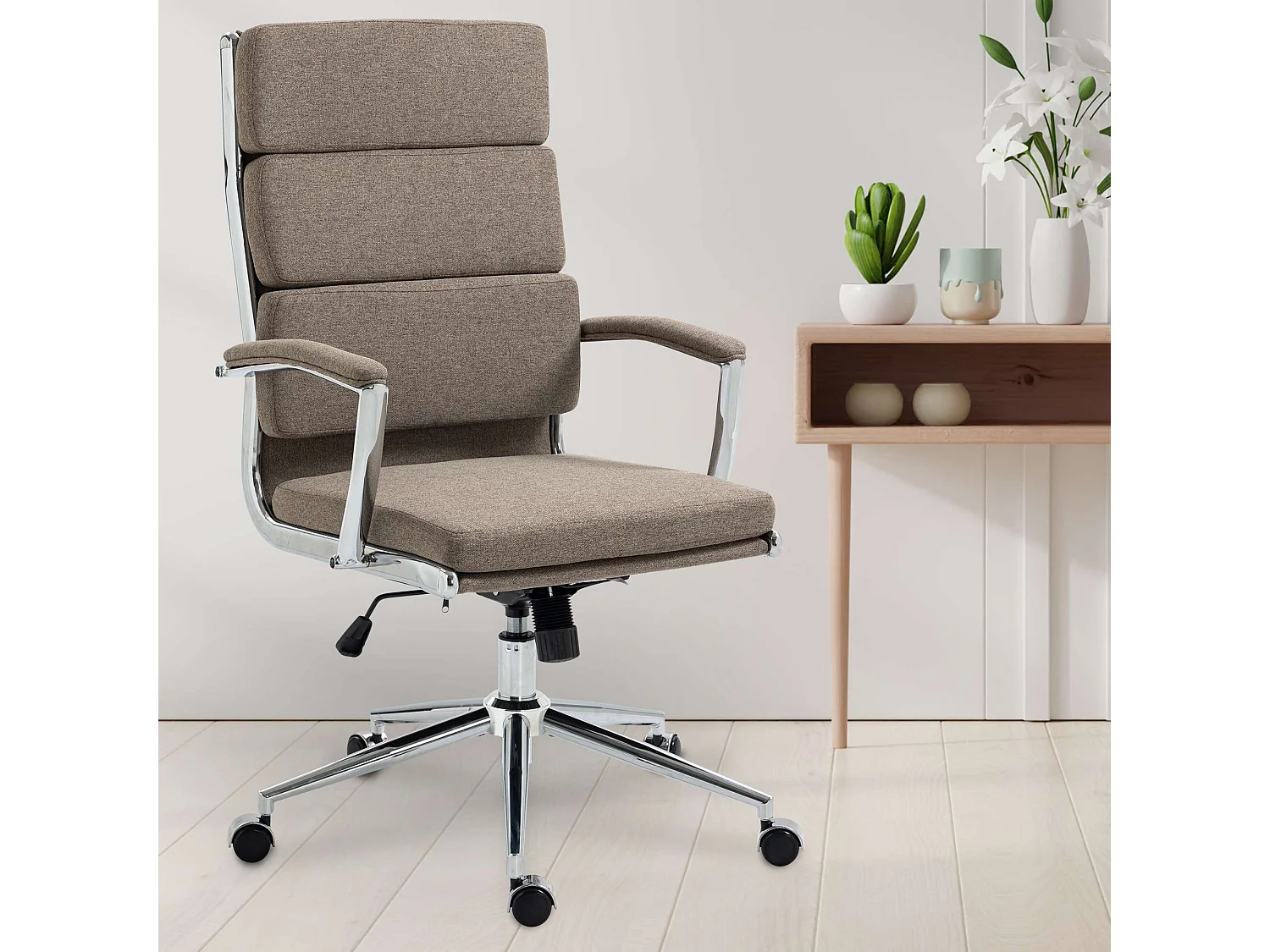 Chaise de bureau - Tissu & Métal chromé - Taupe - Cleveland