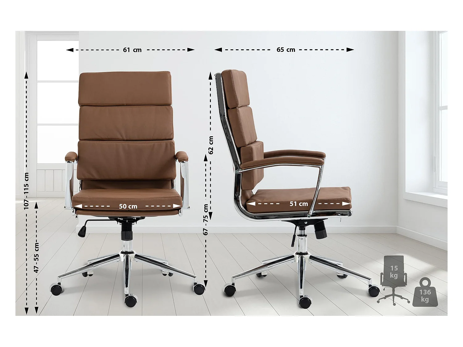 Chaise de bureau - Similicuir & Métal chromé - Marron clair - Cleveland