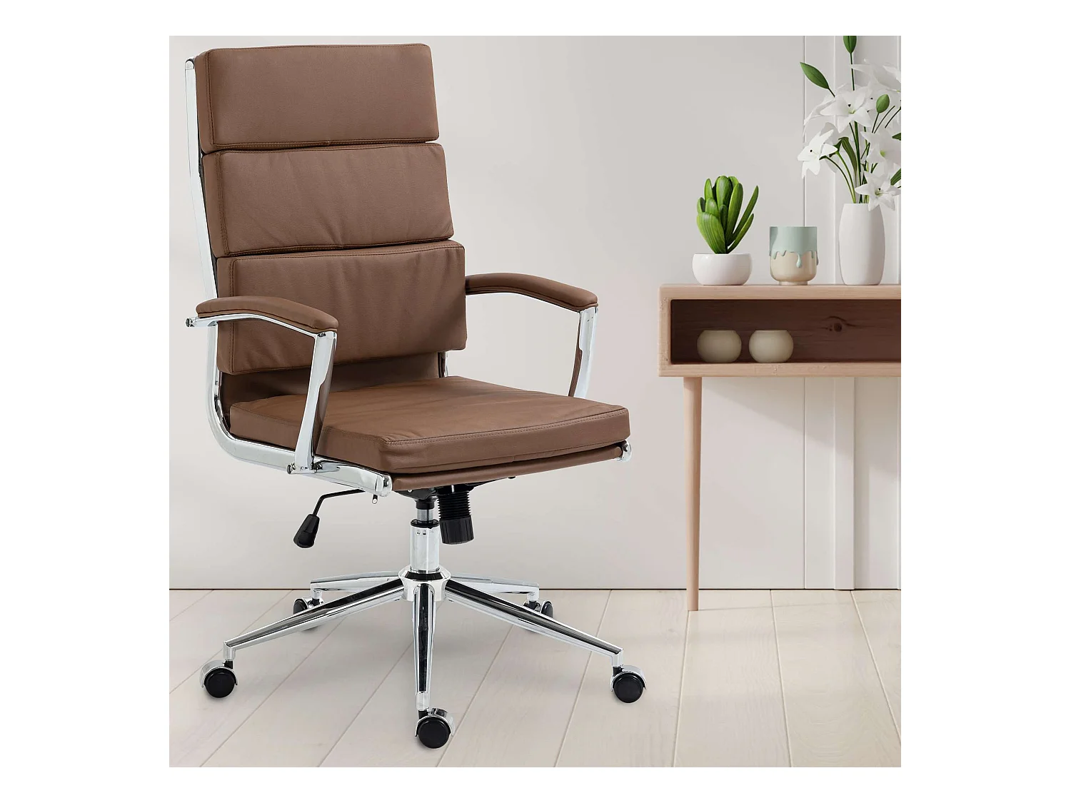 Chaise de bureau - Similicuir & Métal chromé - Marron clair - Cleveland