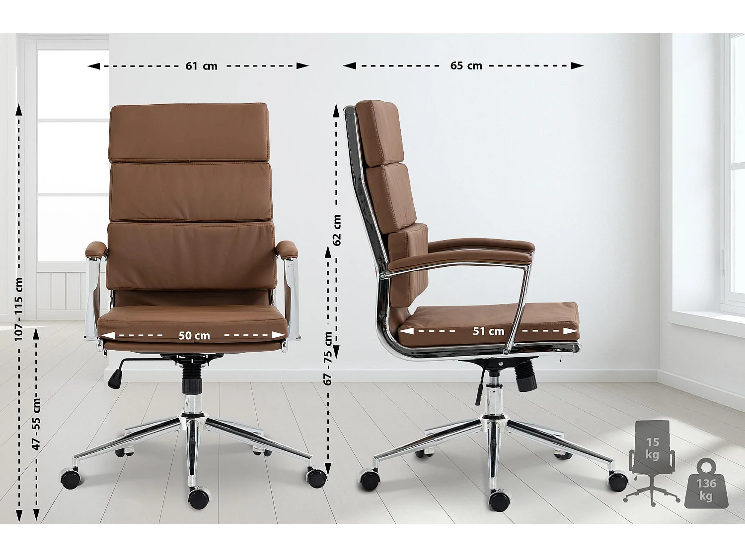 Chaise de bureau - Similicuir & Métal chromé - Marron clair - Cleveland