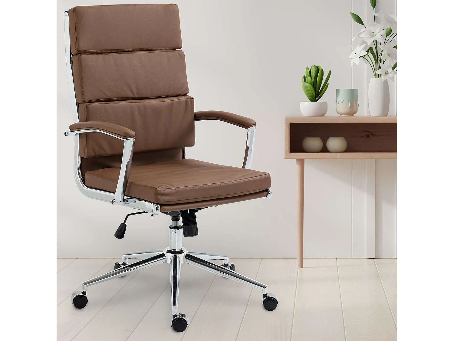 Chaise de bureau - Similicuir & Métal chromé - Marron clair - Cleveland