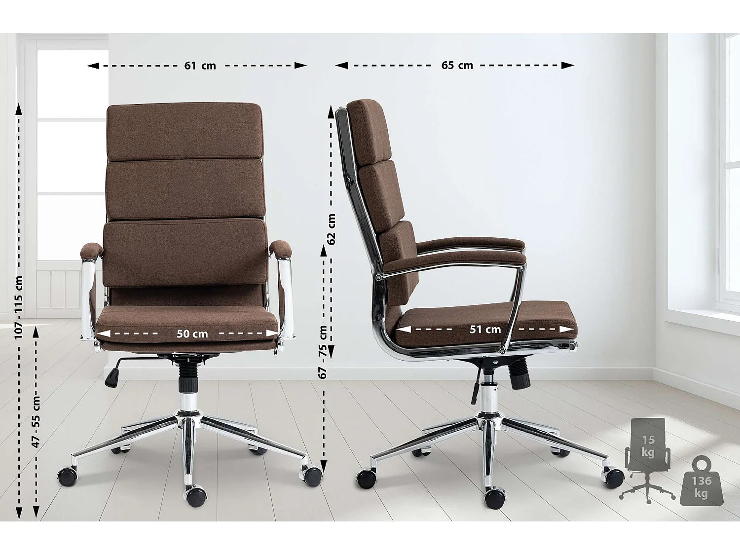 Chaise de bureau - Tissu & Métal chromé - Marron - Cleveland