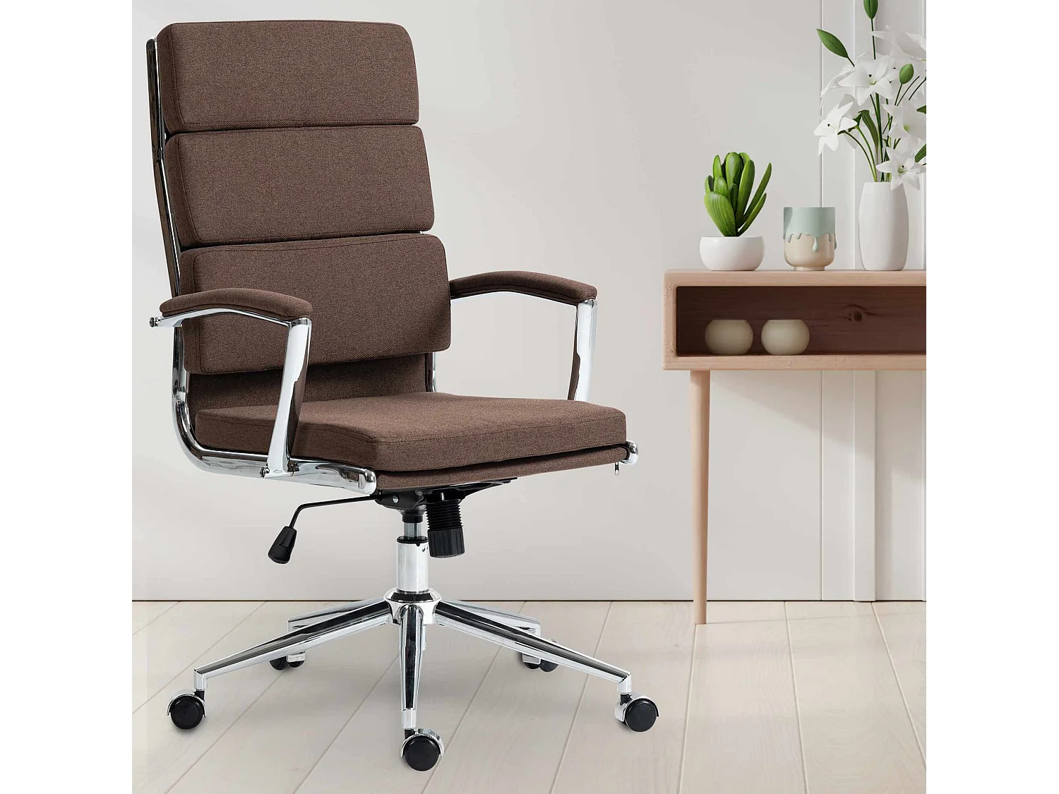 Chaise de bureau - Tissu & Métal chromé - Marron - Cleveland