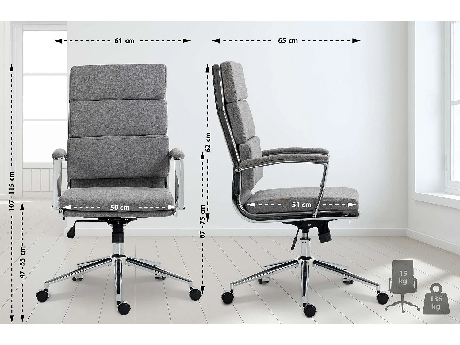 Chaise de bureau - Tissu & Métal chromé - Gris - Cleveland