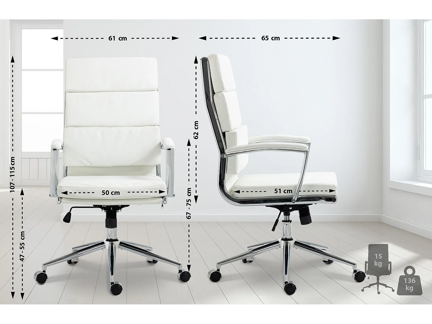 Chaise de bureau - Similicuir & Métal chromé - Blanc - Cleveland