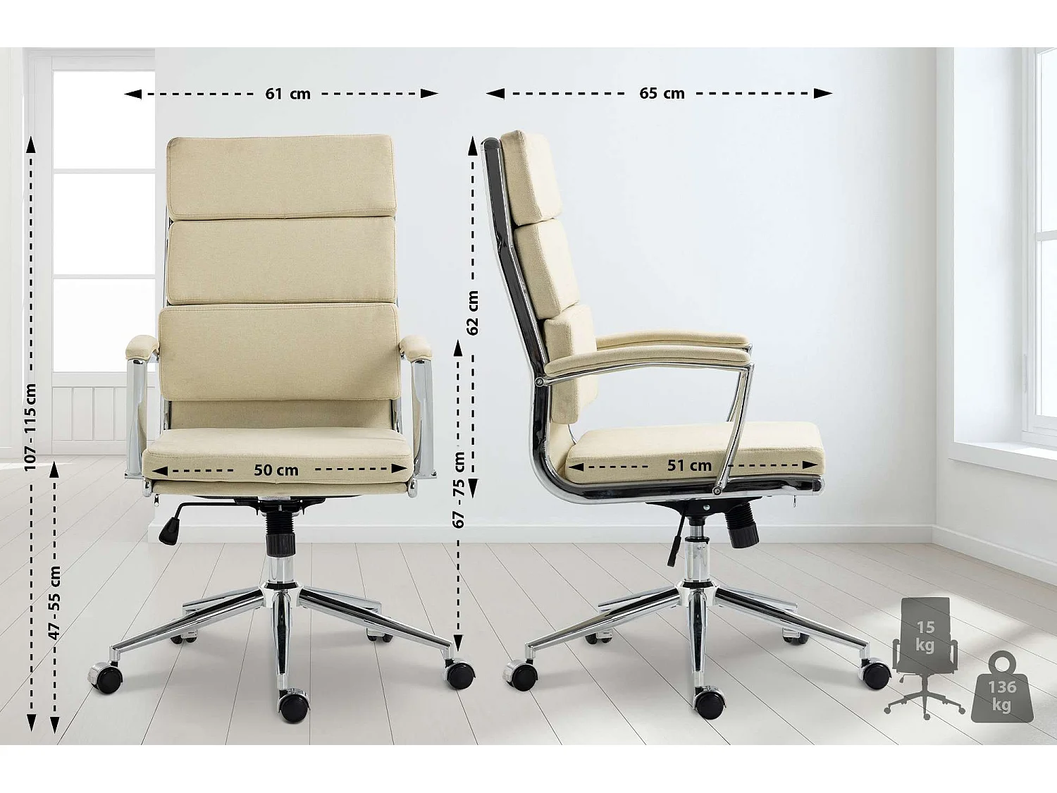 Chaise de bureau - Tissu & Métal chromé - Crème - Cleveland