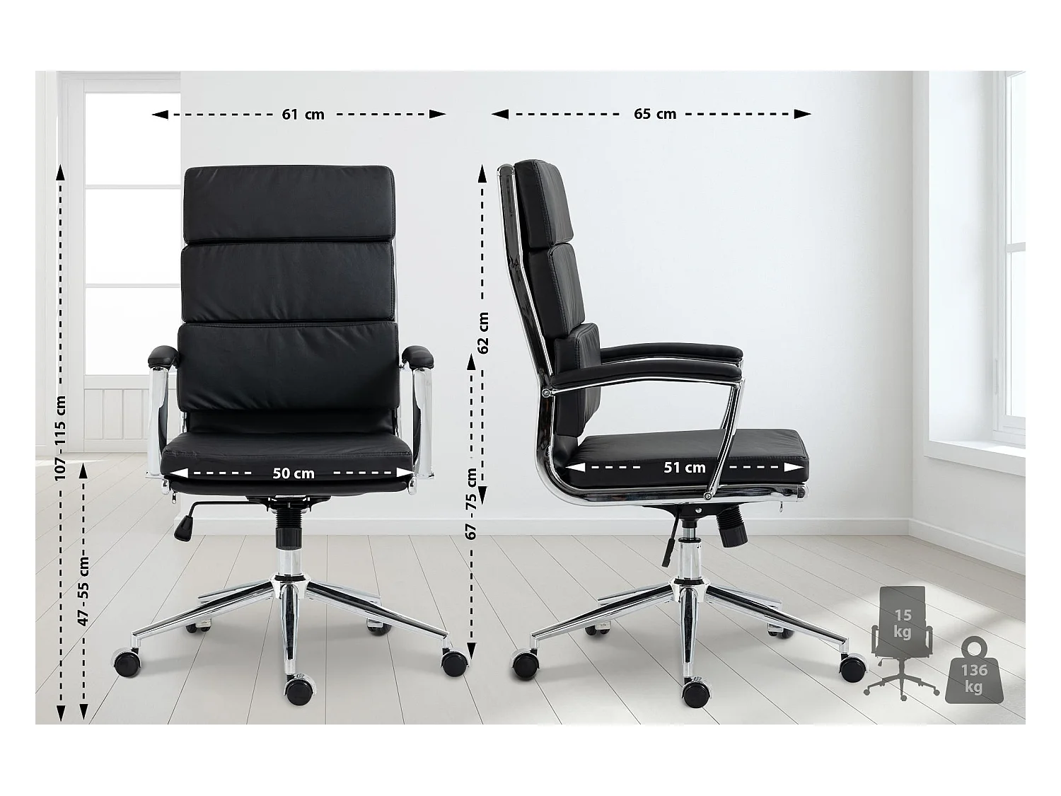 Chaise de bureau - Similicuir & Métal chromé - Noir - Cleveland