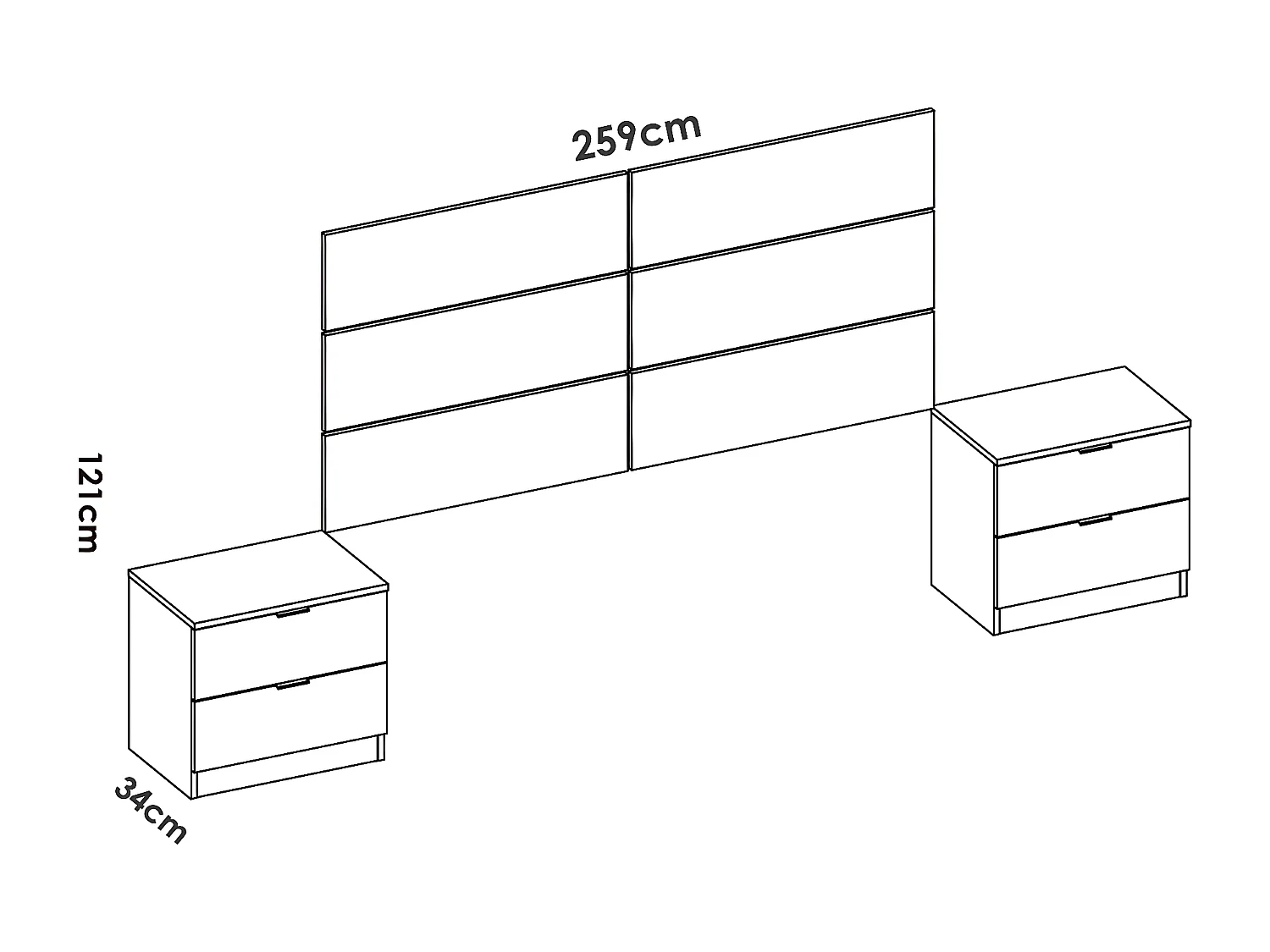 Ensemble de tête de lit avec 2 tables de chevet coloris chêne naturel, blanc - Longueur 258 x Profondeur 34 x Hauteur 121 cm