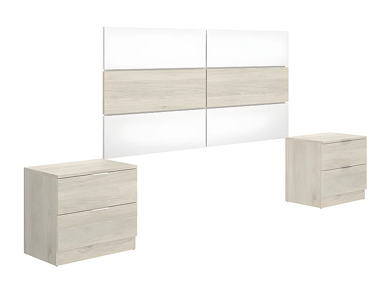 Ensemble de tête de lit avec 2 tables de chevet coloris chêne naturel, blanc - Longueur 258 x Profondeur 34 x Hauteur 121 cm