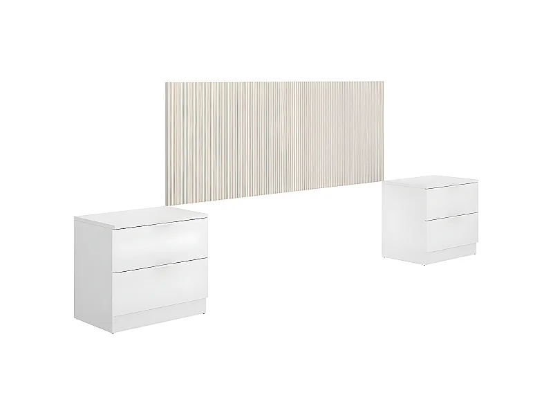 Tête de lit avec 2 tables de chevet coloris imitation lamelles, blanc - longueur 256 x profondeur 34 x hauteur 106 cm