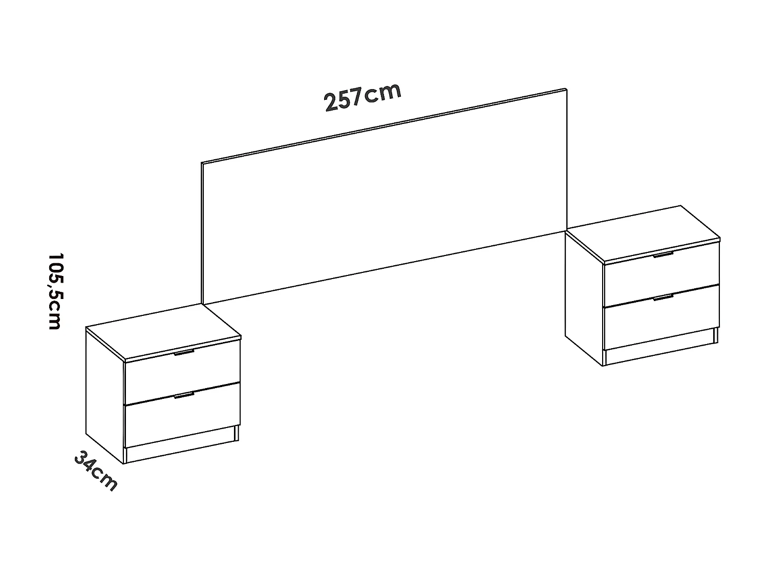 Tête de lit avec 2 tables de chevet coloris imitation lamelles, blanc - longueur 256 x profondeur 34 x hauteur 106 cm