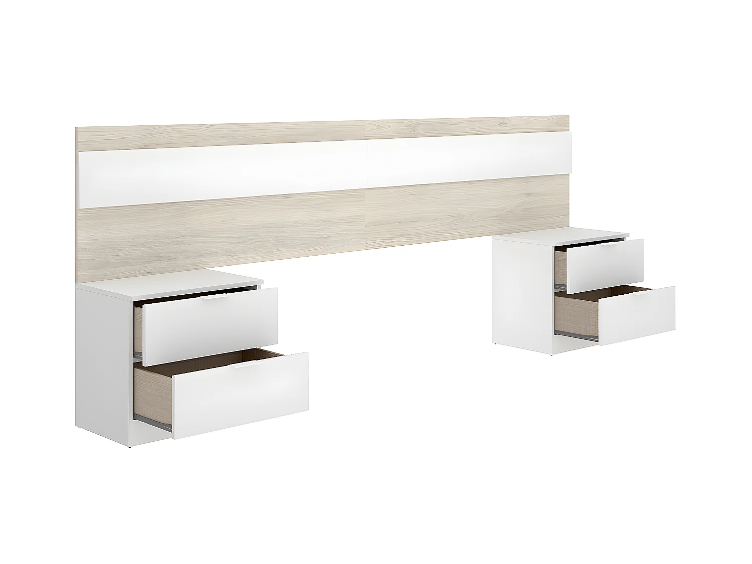 Tête de lit + 2 tables de nuit avec 2 tiroirs coloris chêne naturel, blanc - longueur 248 x profondeur 34 x hauteur 96 cm