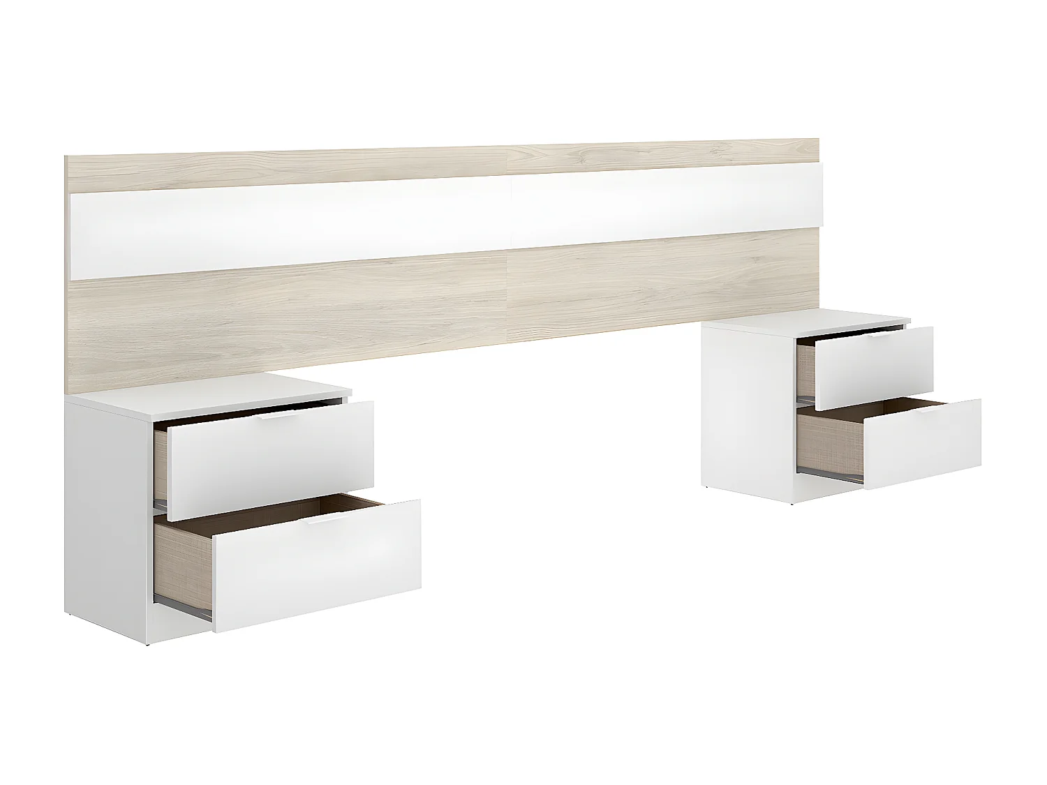 Tête de lit + 2 tables de nuit avec 2 tiroirs coloris chêne naturel, blanc - longueur 248 x profondeur 34 x hauteur 96 cm