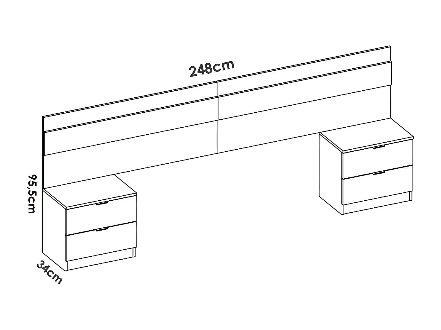 Tête de lit + 2 tables de nuit avec 2 tiroirs coloris chêne naturel, blanc - longueur 248 x profondeur 34 x hauteur 96 cm