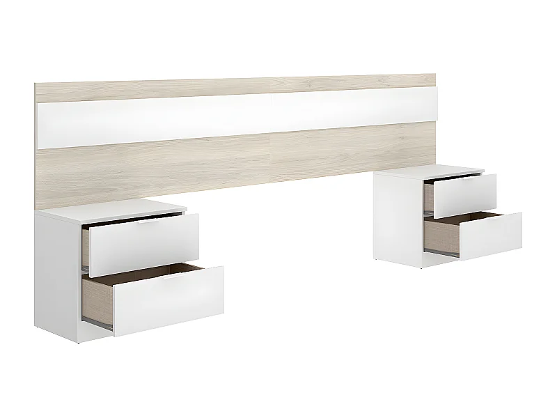 Tête de lit + 2 tables de nuit avec 2 tiroirs coloris chêne naturel, blanc - longueur 248 x profondeur 34 x hauteur 96 cm
