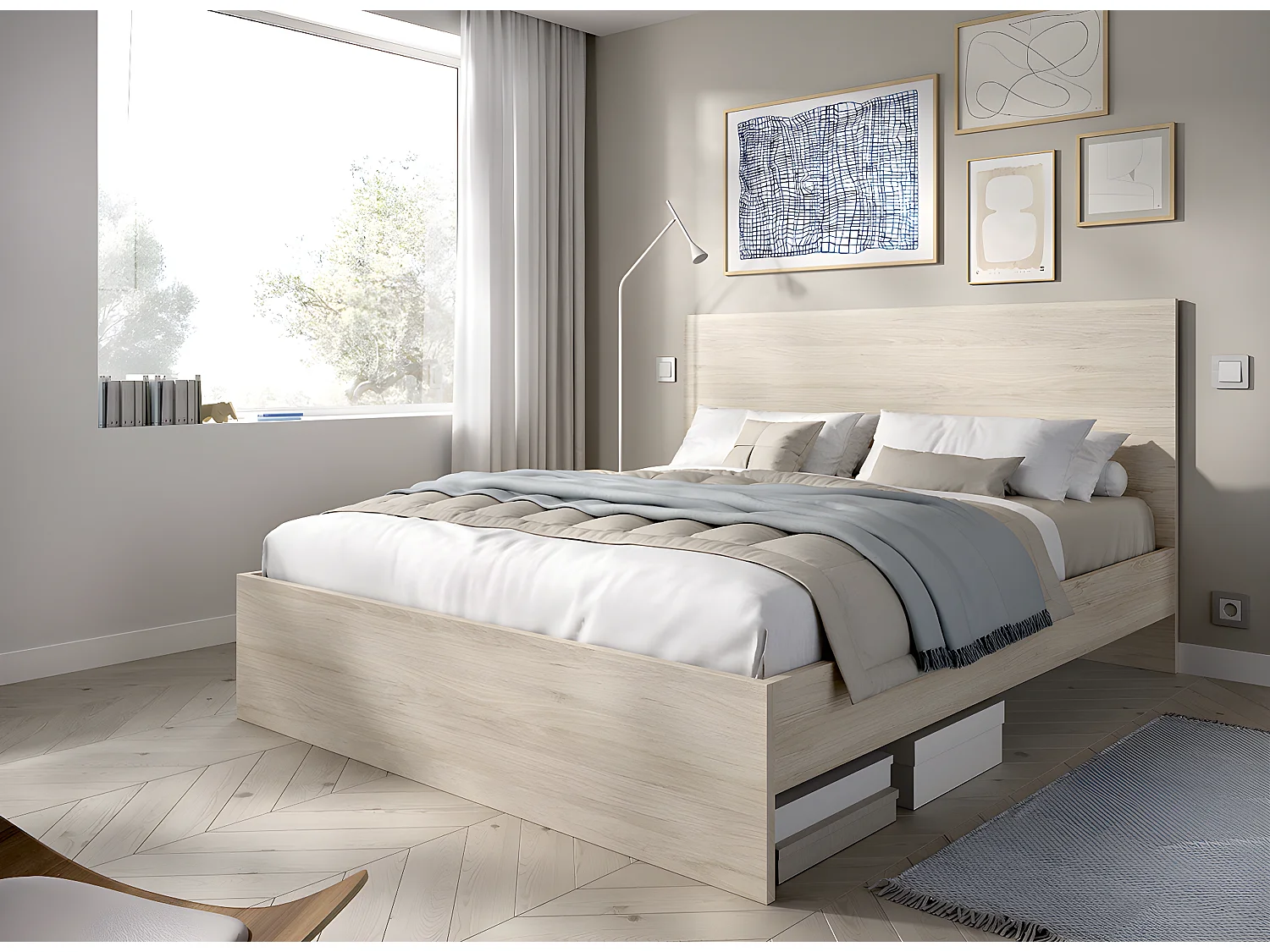 Lit adulte, couchage 140x190 cm en bois coloris chêne naturel - Longueur 145 x Profondeur 195 x Hauteur 100 cm