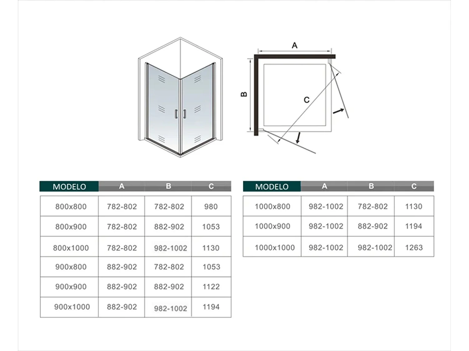 Cabine de duche rectangular Bater Perfil preto mate Vidro Anticalcário 8mm (882-902)x(782-802)x2000mm-AICA
