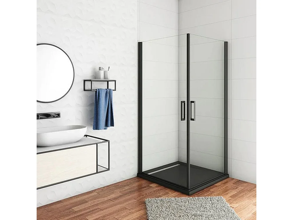 AICA Mampara de ducha cuadrada abatible perfil negro mate vidrio antical 8mm 900x900x2000mm