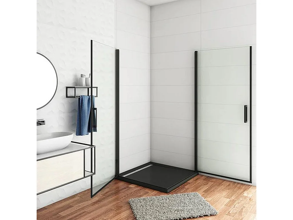 AICA Mampara de ducha cuadrada abatible perfil negro mate vidrio antical 8mm 900x900x2000mm
