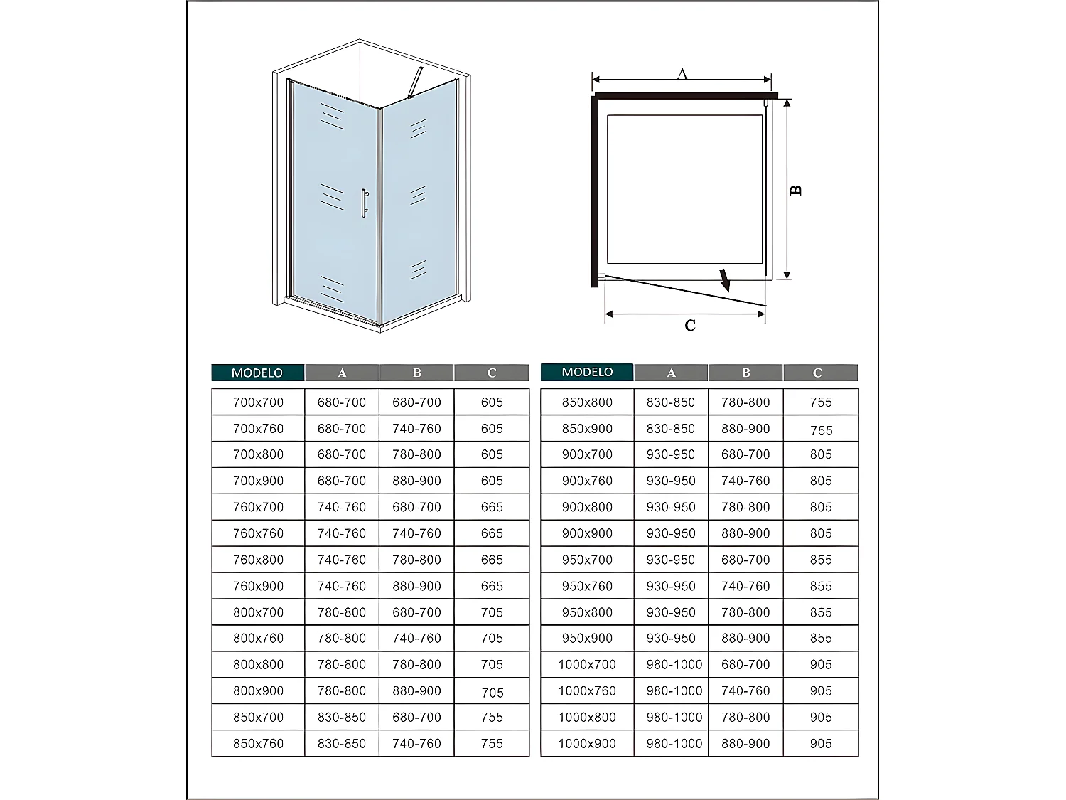AICA Mampara de ducha abatible+panel lateral,barra 50cm,vidrio antical 6mm 700x760x1950mm
