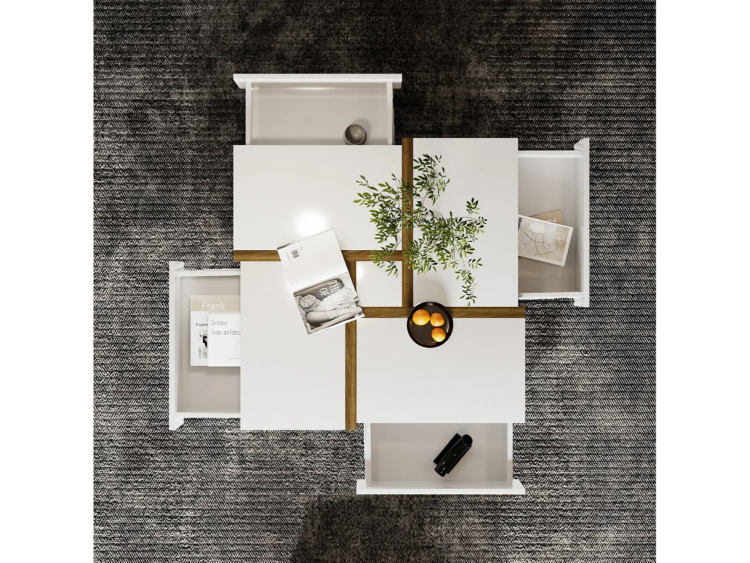 Couchtisch – 4 Schubladen – Stauraum unten – 78 x 78 x 36 cm – Weiß und Braun