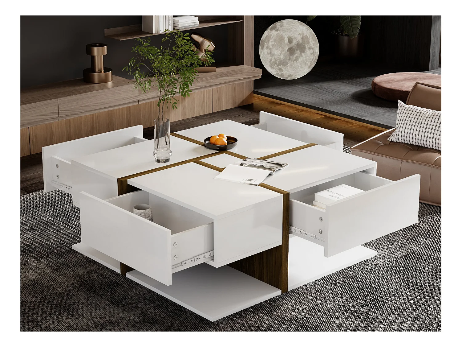 Table basse - 4 tiroirs - espace de rangement en bas - 78x78x36cm - Blanc & Marron