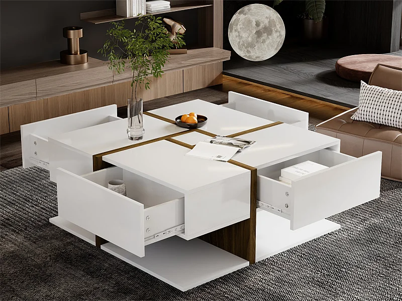 Table basse - 4 tiroirs - espace de rangement en bas - 78x78x36cm - Blanc & Marron