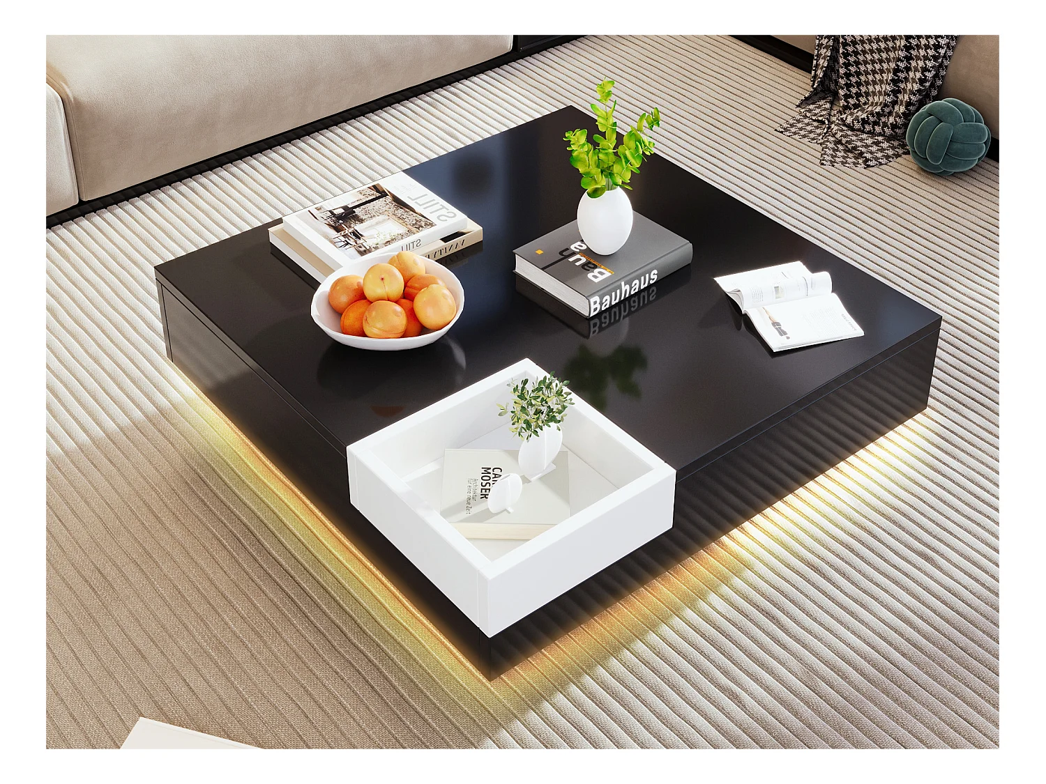 Table basse carrée avec une coffre amovible de rangement - lumières LED en bas - Noir