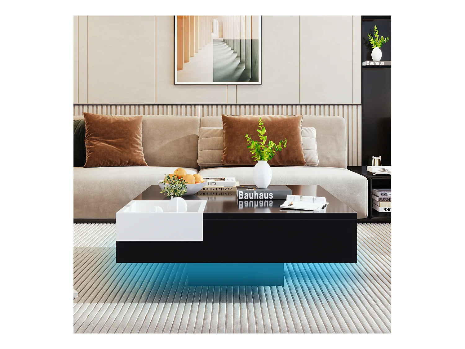 Mesa de centro cuadrada con caja de almacenamiento extraíble - Luces LED en la parte inferior - Negro