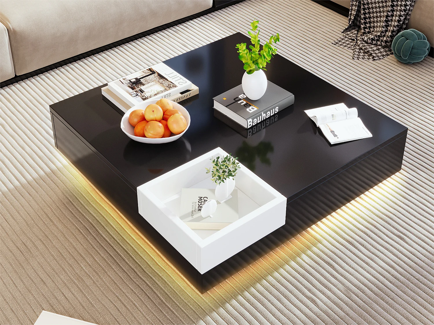 Table basse carrée avec une coffre amovible de rangement - lumières LED en bas - Noir