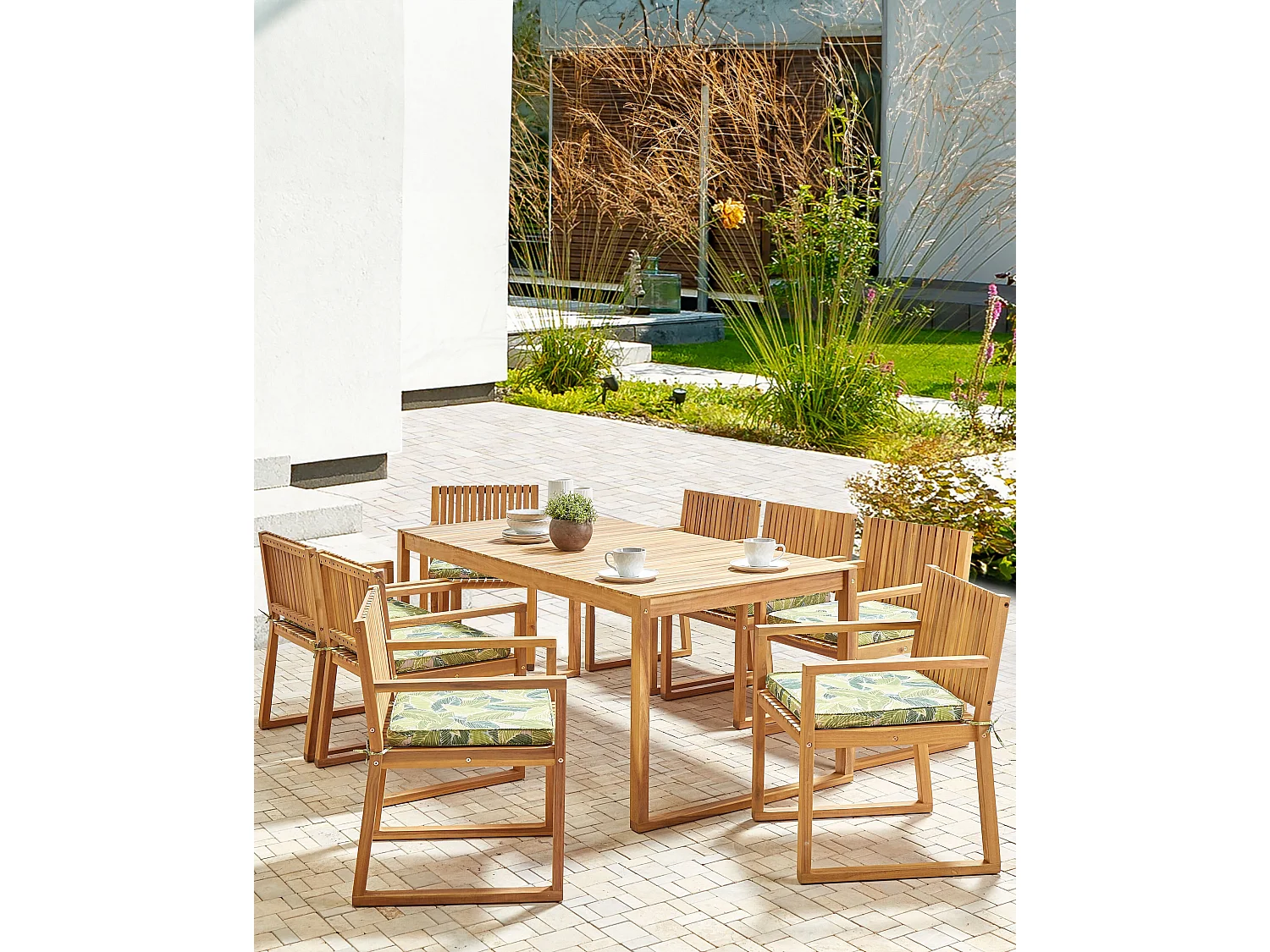 Lot de 8 chaises de jardin avec coussins SASSARI II Bois d\'acacia certifié Vert