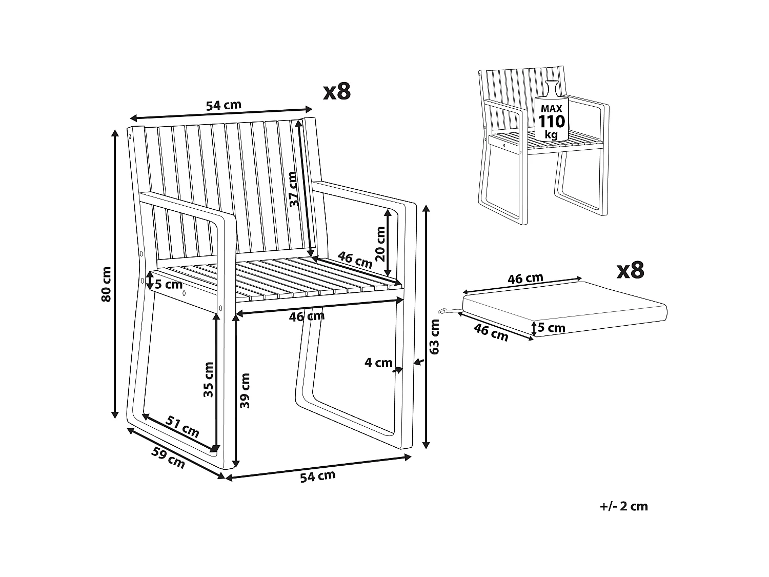 Set van 8 stoelen met zitkussen SASSARI II Grijs