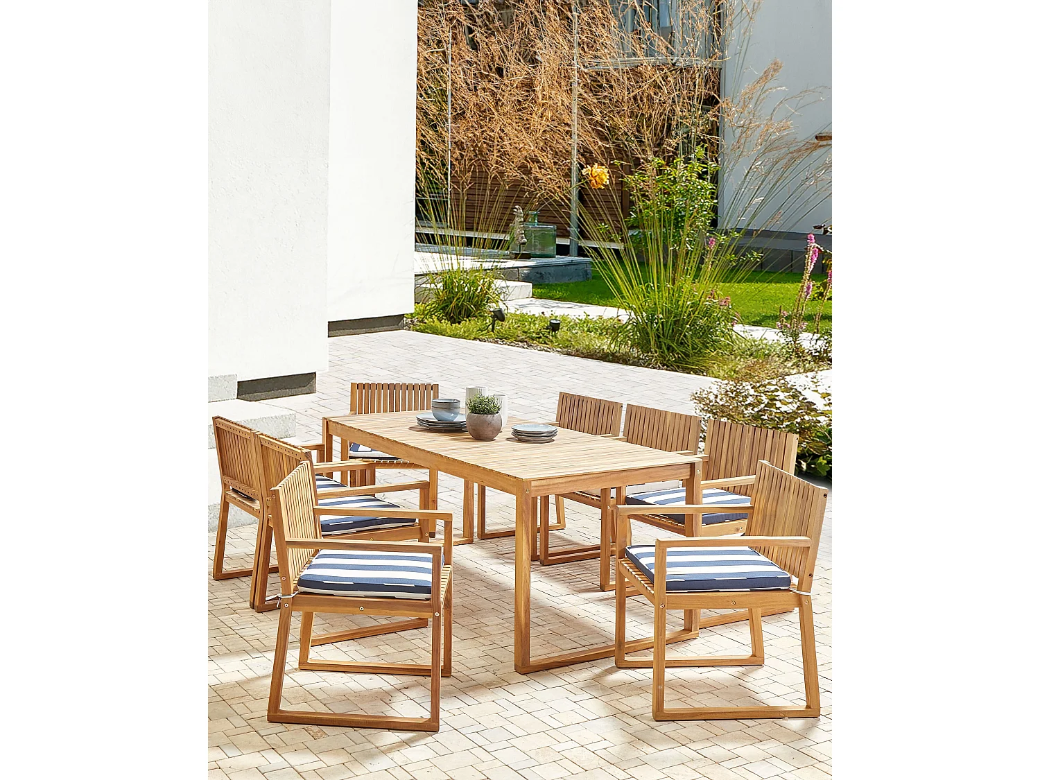 Lot de 8 chaises de jardin avec coussins SASSARI II Bois d'acacia certifié Bleu marine