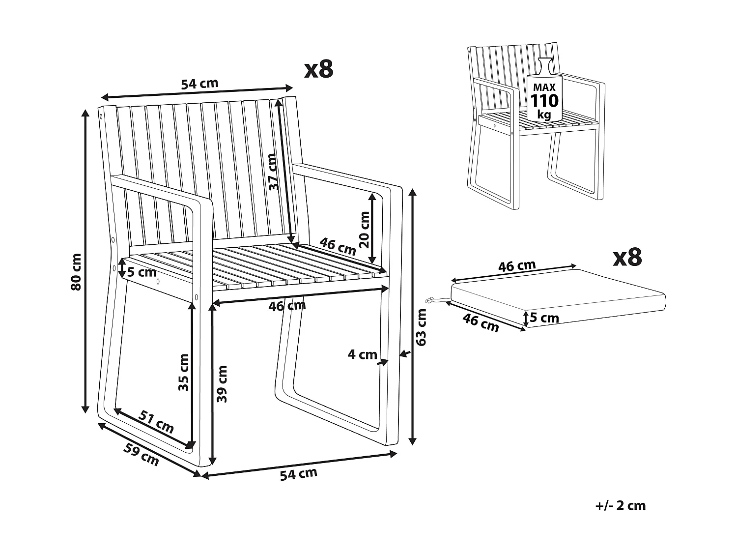 Set van 8 stoelen met zitkussen SASSARI II Gebroken wit