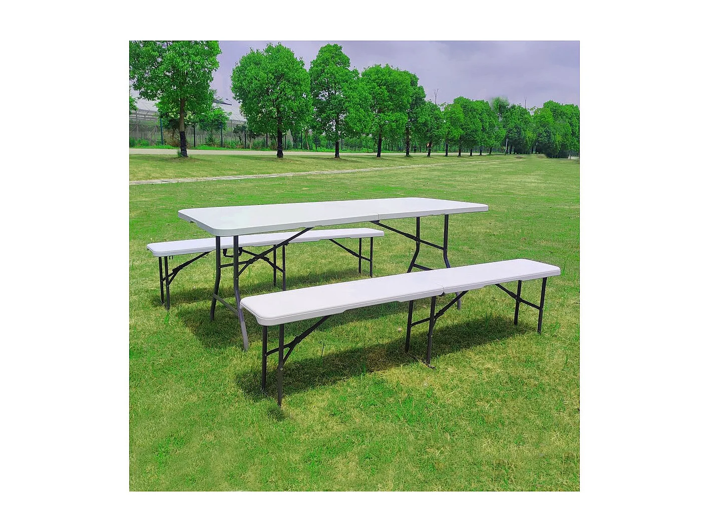 Conjunto de mesa de jardín plegable + 2 bancos "Foldy" - Blanco