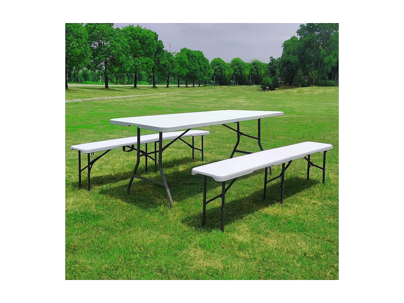 Conjunto de mesa de jardín plegable + 2 bancos "Foldy" - Blanco