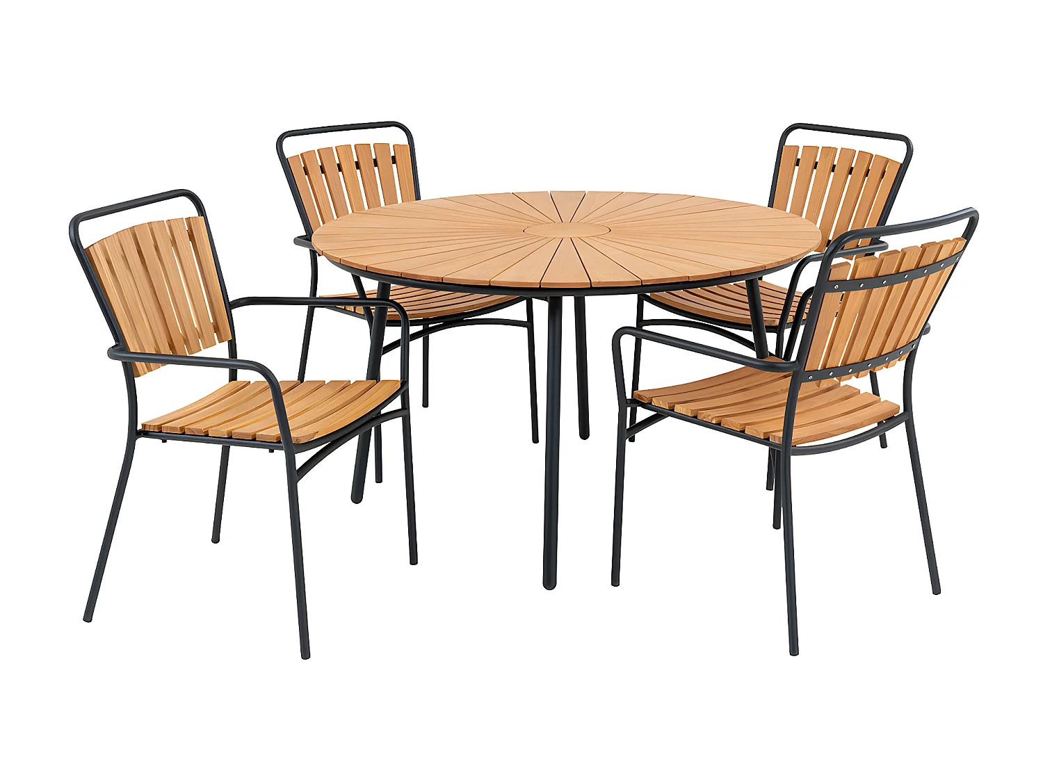 Cleveland set de jardin table de salle à manger Ø130cm naturel, noir et 4 Cleveland chaise naturel, noir.