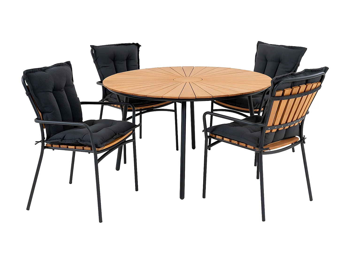 Cleveland set de jardin table de salle à manger Ø130cm naturel, noir et 4 Cleveland chaise naturel, noir.