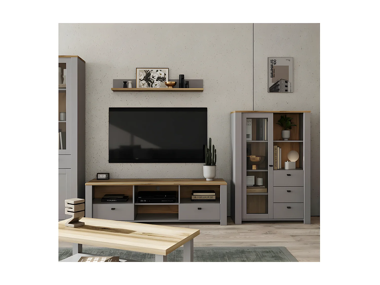 WOHNWAND Latour grau / Eiche Delano 255 / 57 / 135cm 3-teilig