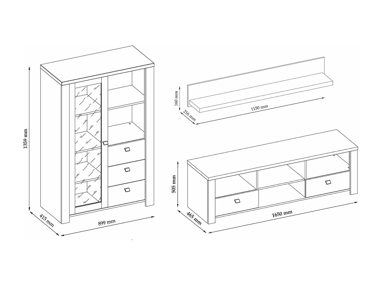 WOHNWAND Latour grau / Eiche Delano 255 / 57 / 135cm 3-teilig