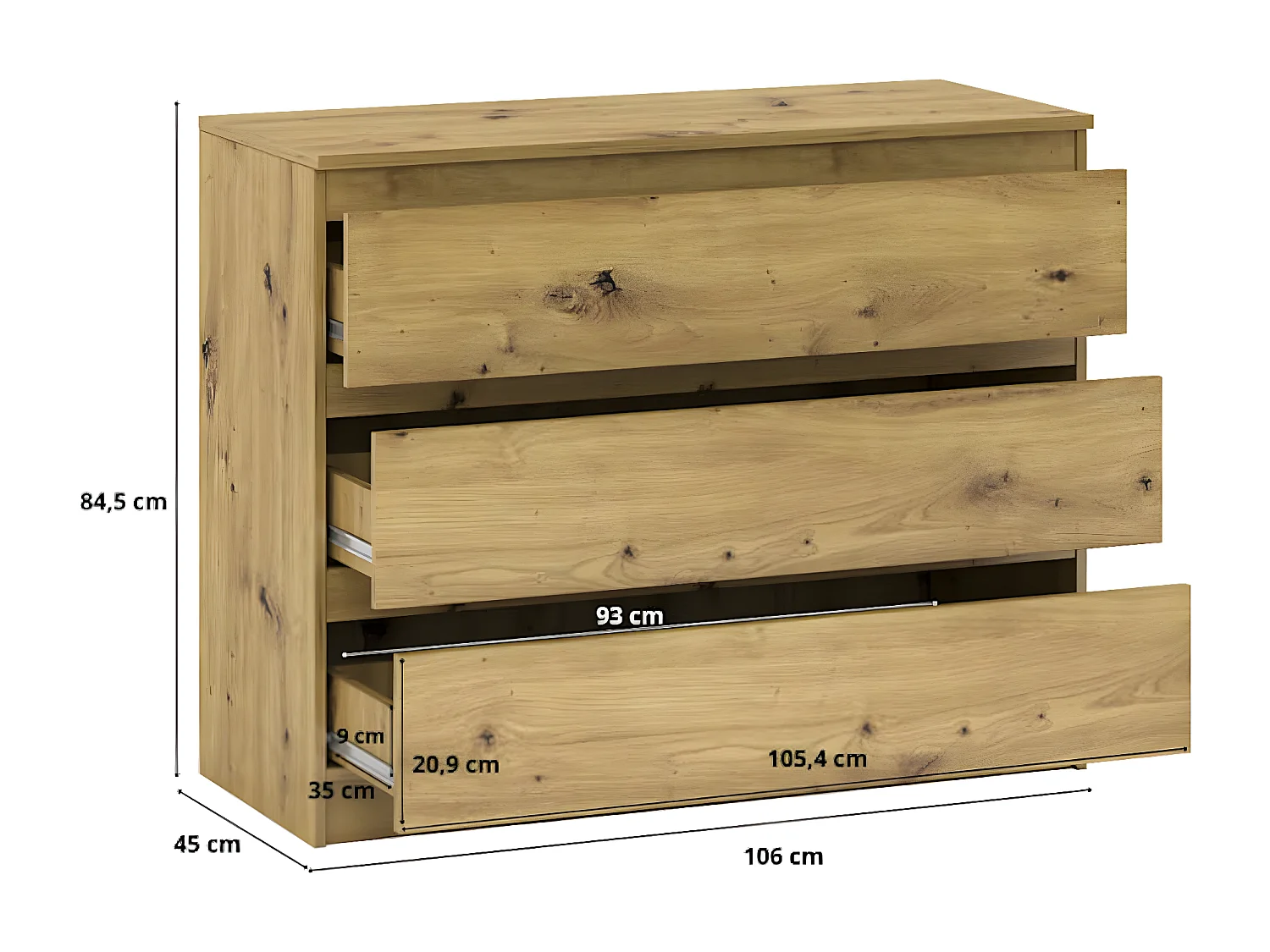 Kommode A12a Artisan Eiche 106 / 45 / 84 cm