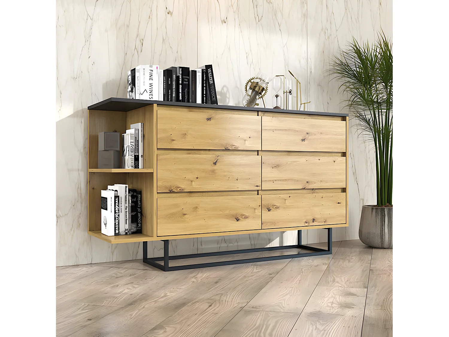 Kommode COCO schwarz / Artisan Eiche 140 / 40 / 81 cm