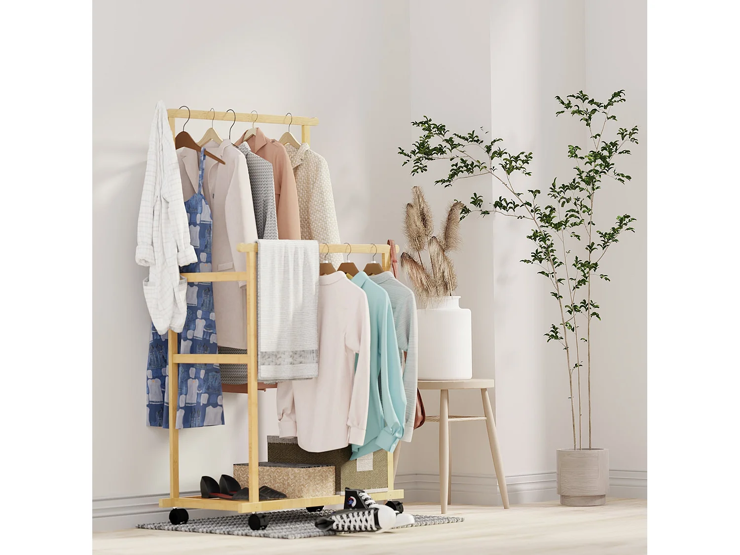 Doppelter Kleiderständer - L80 cm H160 cm - Bambus