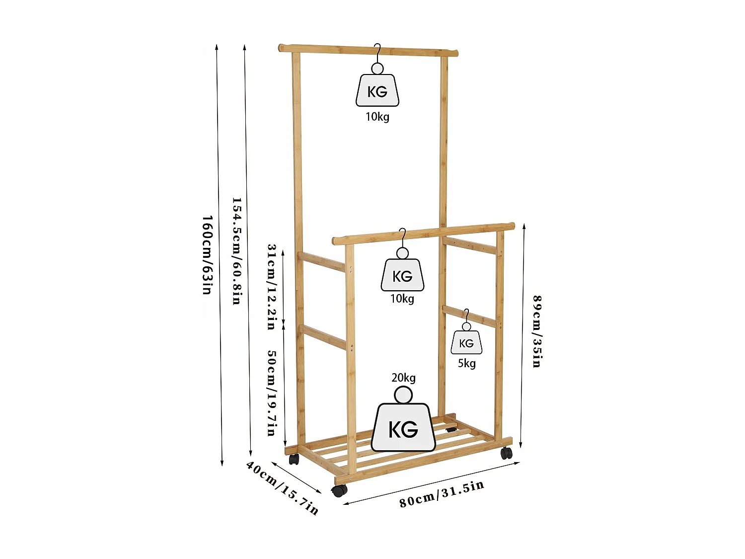 Doppelter Kleiderständer - L80 cm H160 cm - Bambus