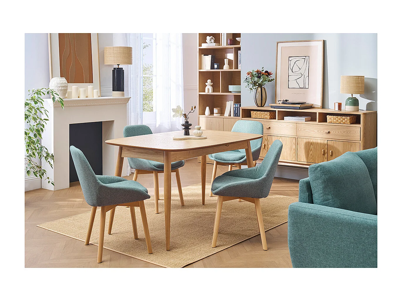 Skandinavische Stühle aus graugrünem Stoff und hellem Massivholz (2er-Set) HOLO